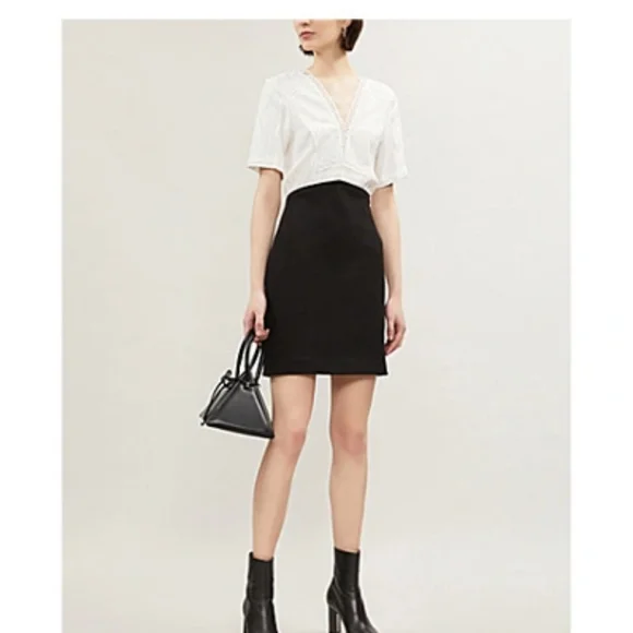 Maje Ravelle Lace-Inset Ceep V Neck Colorblock Mini Dress Ptp 17" Sz 3 UK / L US - Picture 2 of 16